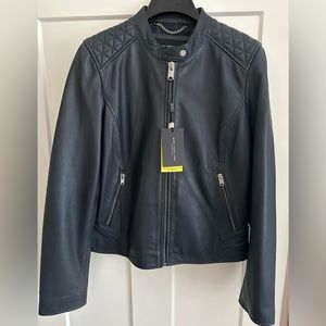 Cool moto jacket made from leather with quilted shoulders size M dark blue